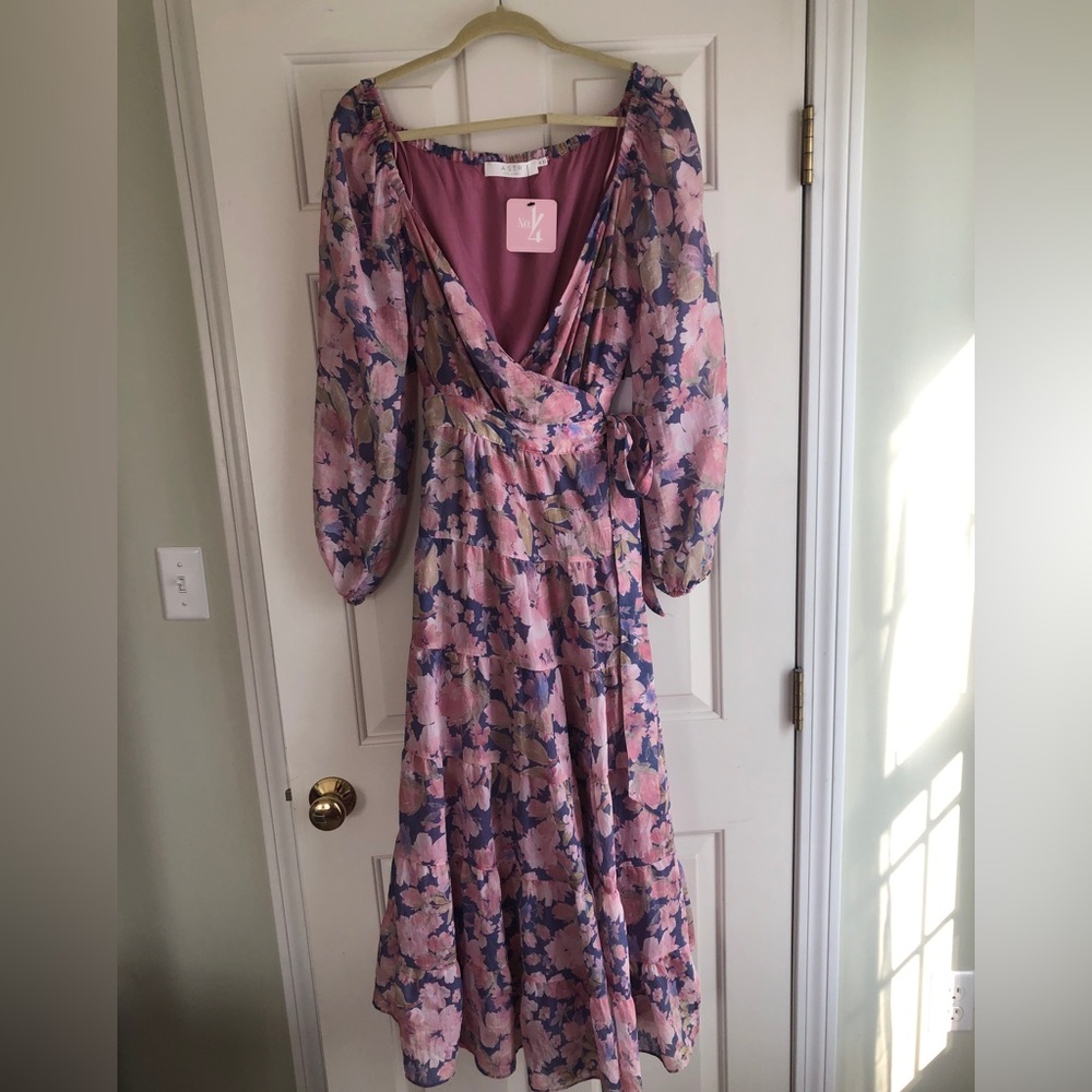 NWT ASTR the label wrap dress, size medium, purple and pink